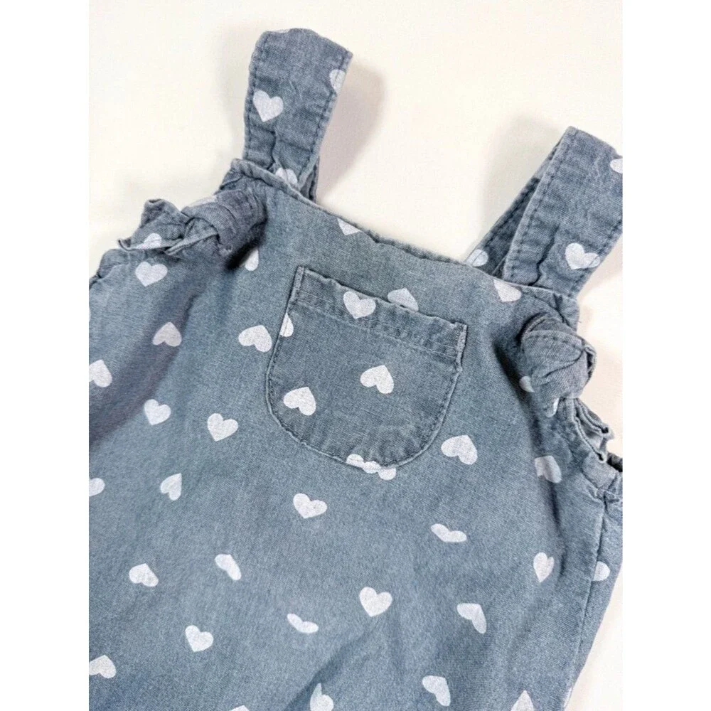 CARTERS Baby Girl Chambray Romper 9M Blue Heart Print Sweet‎ Cottagecore Summer
